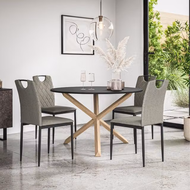 More4Homes Malvern Round Black Dining Table Set with Solid Oak Legs and 4 Grey Monza Linen Chairs, Diameter: 120 cm, Height: 75 cm