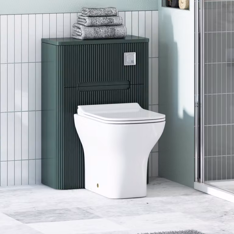 Avenza Moss Green Wall Mounted WC Unit with Qubix Ceramic Toilet Pan, Slim Soft Close Seat and Cistern, Depth: 55 cm