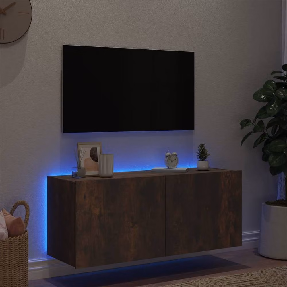 Berkfield Home Modern Wall Mounted TV Cabinet with Integrated LED Lights in Smoked Oak Brown, W/D/H: 100 x 35 x 41 cm – 4