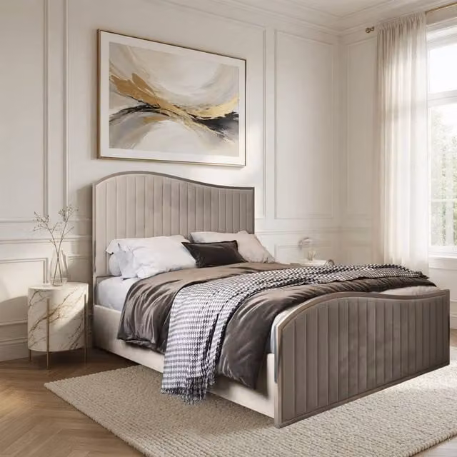 Casani Fulbeck Upholstered Velvet Bed Frame in Cream, W/D/H: 140 x 200 cm – 1