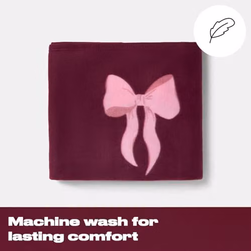 OHS Christmas Bow Print Fleece Throw Blanket, Burgundy, W/D/H: 120 x 150 cm – 4