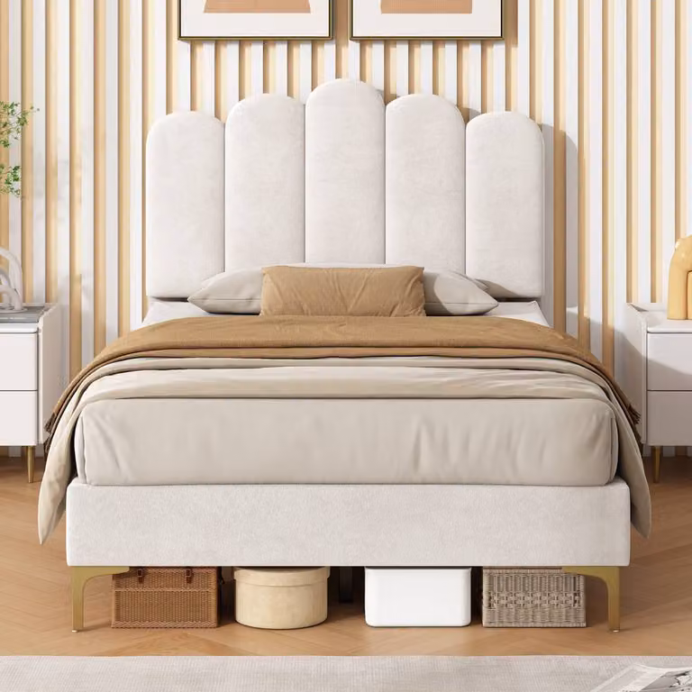 Rolipo Beige Velvet Double Bed Frame with Tufted Adjustable Headboard and Storage