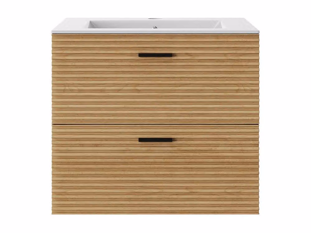 Vente-unique Fluted Wall-Hung Bathroom Unit with Inset Basin and 2 Drawers in Light Oak – 2