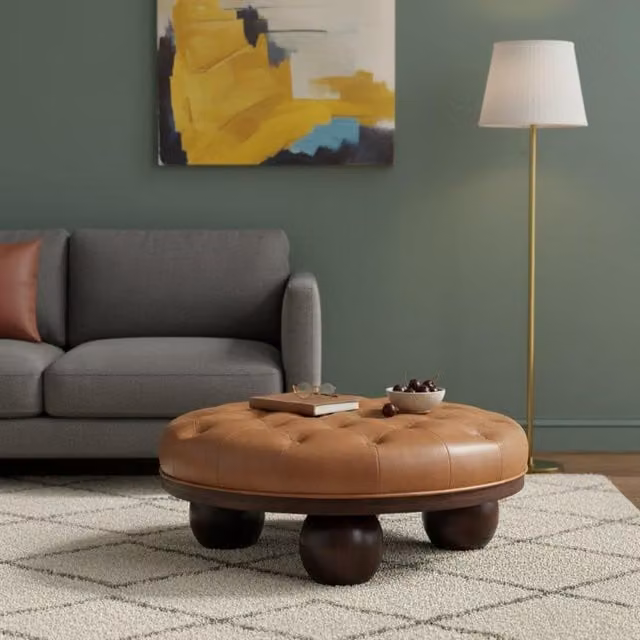 Artisan Furniture Sfera Round Coffee Table in Brown Solid Mango Wood with Tufted Leather Top
