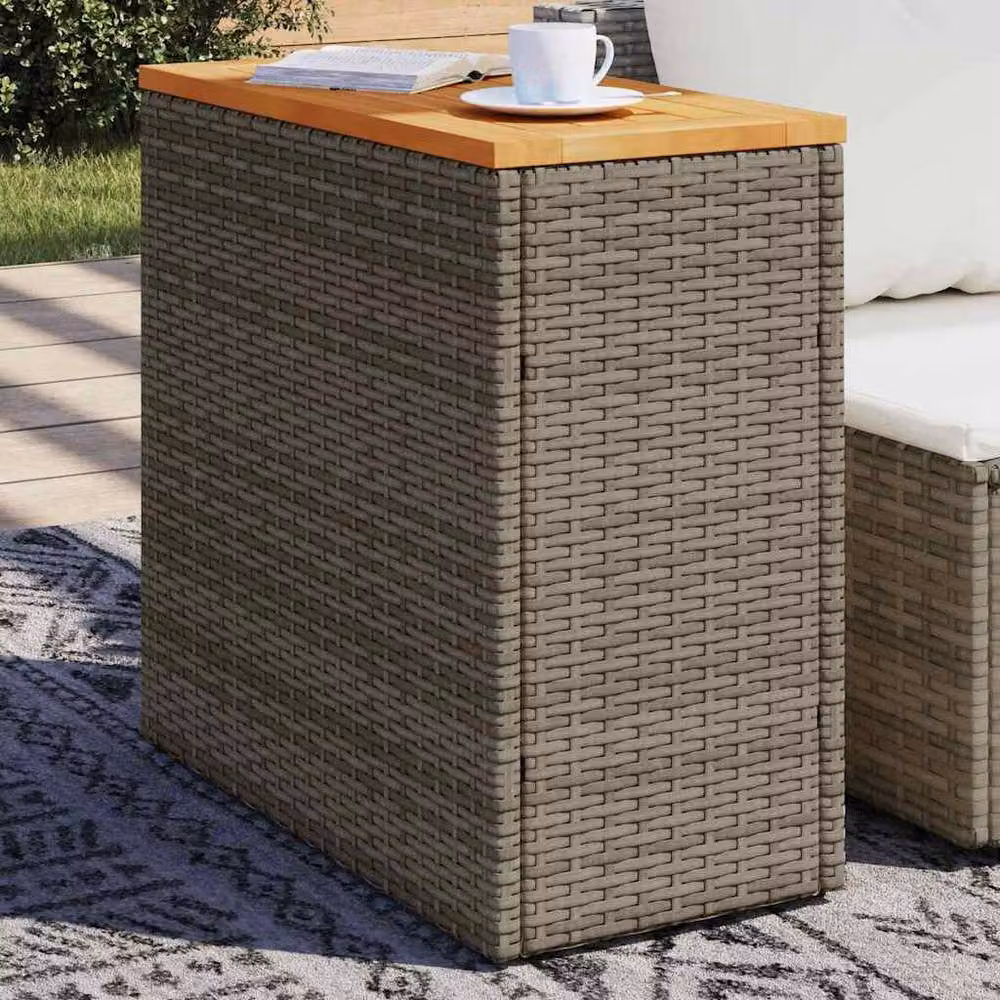 Berkfield Home Grey Poly Rattan Garden Side Table with Oiled Acacia Wood Top, W/D/H: 58 x 27.5 x 55 cm – 2