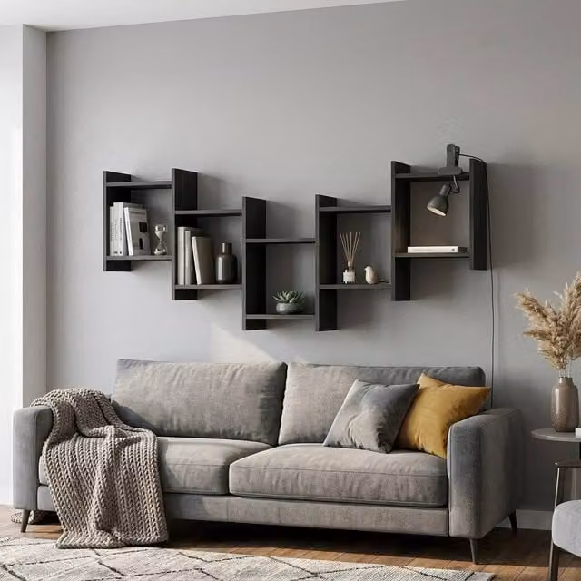 Decortie Bat' Modern Floating Shelf in Black, Width: 151 cm