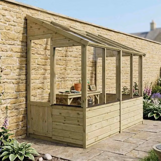Waltons Traditional Wooden Lean To Greenhouse in Green and Brown