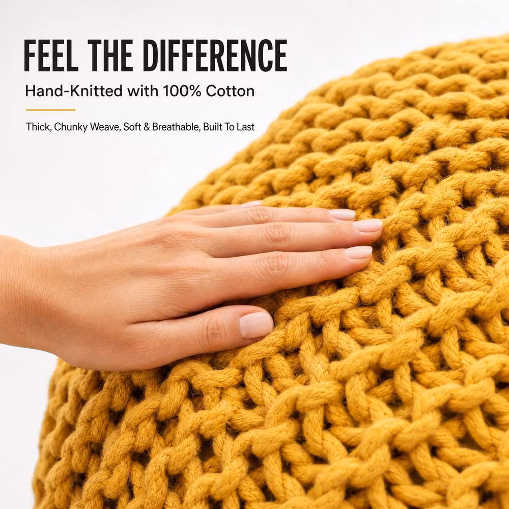 Bravich LTD Chunky Knitted Cotton Ottoman Footstool in Yellow, Diameter: 50 cm – 3