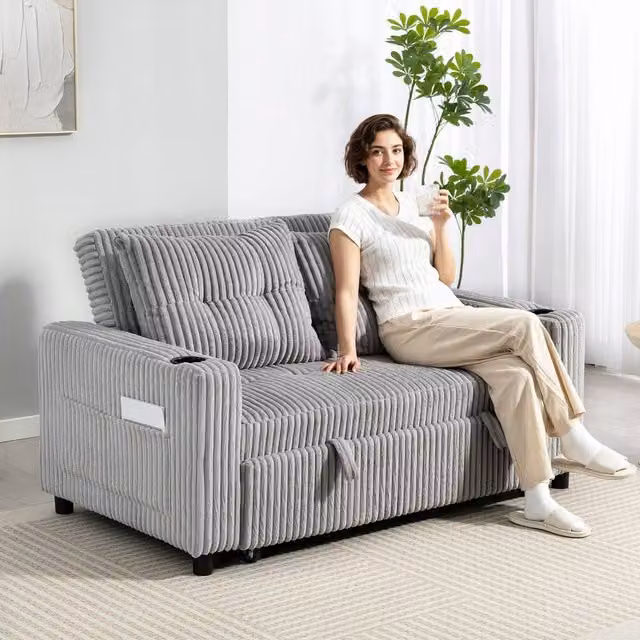 HOMCOM 2 Seater Click Clack Sofa Bed with Scatter Cushions, Light Grey