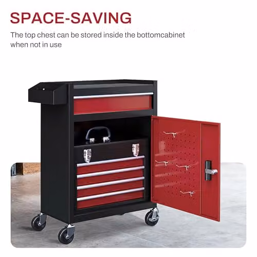 HOMCOM Rolling Tool Cabinet with 5 Lockable Drawers in Red Steel, W/D/H: 60.0 x 28.0 x 105.0 cm – 7