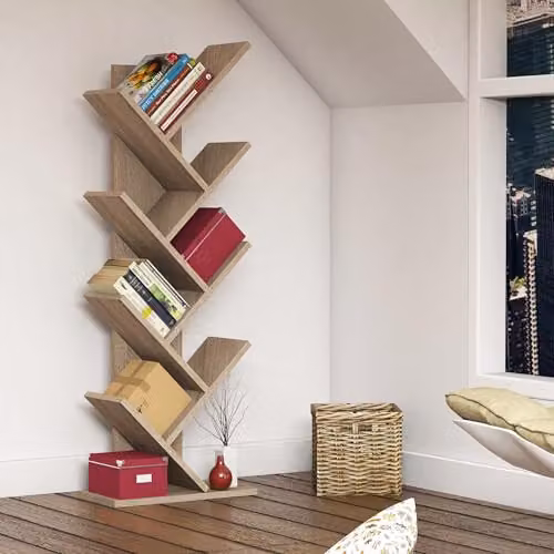 Bimossa Hitit Tree Bookcase in Oak, Modern Freestanding Wooden Bookshelf with Multi-Compartment Storage, Height: 128.5 cm, Width: 46.0 cm, Depth: 22.0 cm – 2
