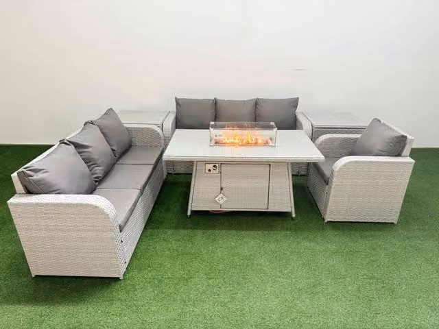 Fimous 7 Seater Poly Rattan Outdoor Garden Furniture Set with Firepit Dining Table, 3 Seater Sofa, 3 Reclining Chairs and 2 Side Tables in Grey