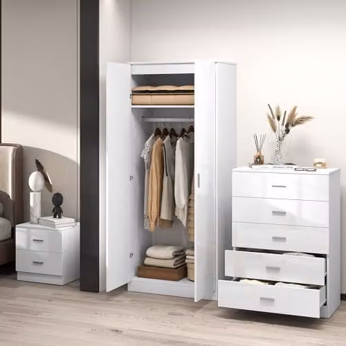 HOMCOM 3 Piece High Gloss Modern Bedroom Furniture Set in White – 3