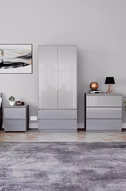 Vida Designs Glinton 3 Piece Grey Glossy Bedroom Set Including Wardrobe, 3 Drawer Chest and 2 Bedside Tables
