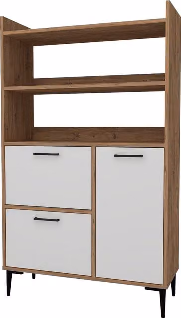 Destina Home Caleb Modern Kitchen and Bathroom Cabinet with Internal Shelves and Hinged Doors in White and Brown Pine