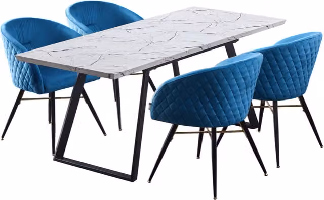 Life Interiors Vittorio Toga LUX Modern Extendable Rectangular Marble Dining Set with 4 Blue Chairs