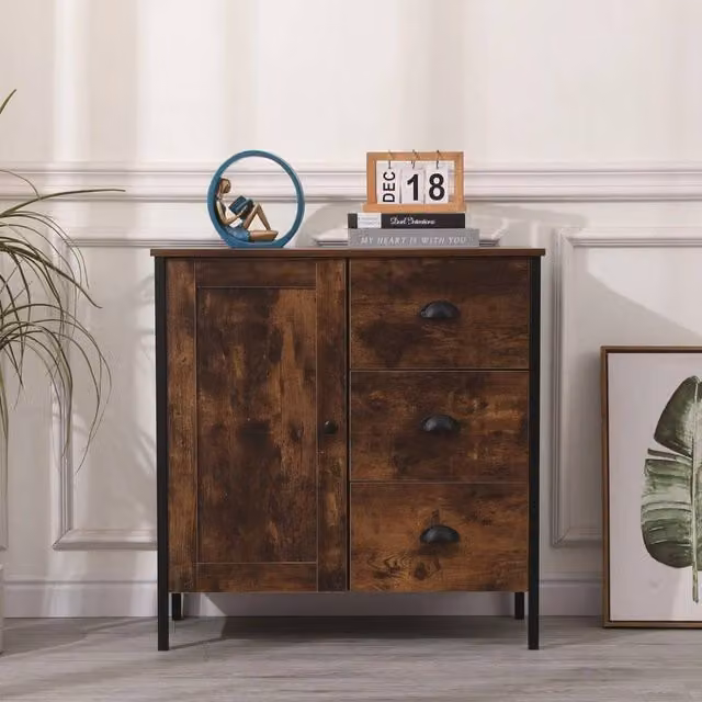 FORGEVIO Wooden Storage Cabinet Cupboard with Doors and Drawers in Brown, W/D/H: 81 x 35 x 79 cm