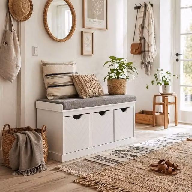 Wyld Haus Reco Nolu Wooden 3 Drawer Shoe Bench in White with Grey Padded Seat W/D/H: 105 x 35 x 47 cm – 1