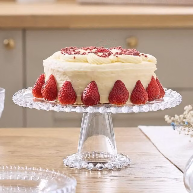 Dibor Bella Perle Glass Beaded Christmas Decorative Cake Stand, Diameter: 27.5 cm, Clear