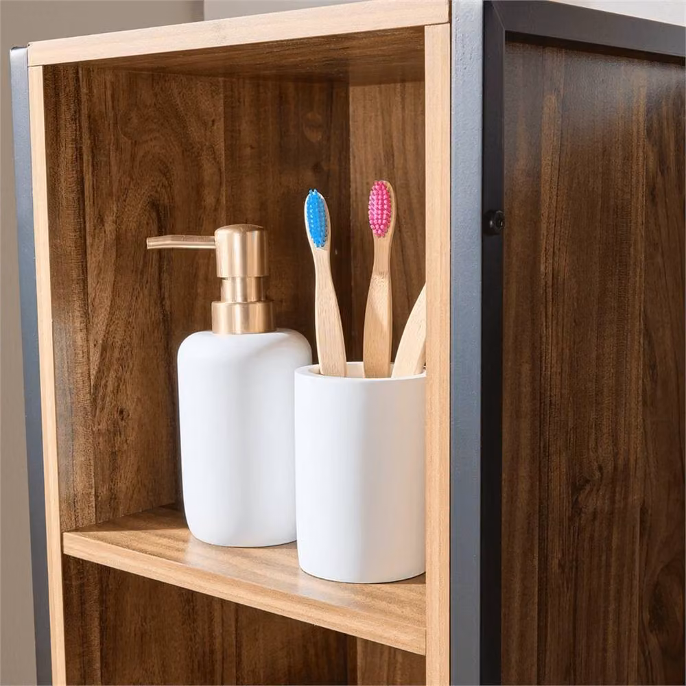 Nordara Brown and Black Industrial Bathroom Tallboy Storage Unit with Hinged Door and Internal Shelves – 3