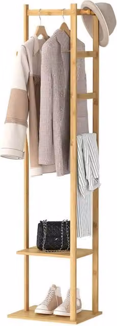 ERGOVEXA Brown Bamboo Clothes Rail and Dual Hook Garment Display Stand