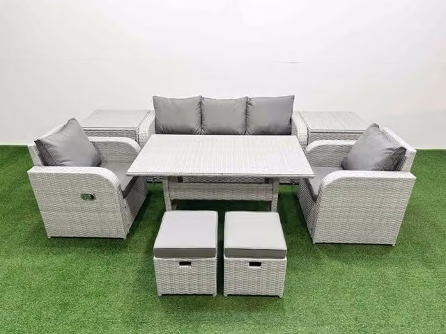 Fimous PE Rattan Garden Furniture Set in Light Grey with Reclining Chairs, Sofa, Rectangular Dining Table, 2 Side Tables and 2 Stools