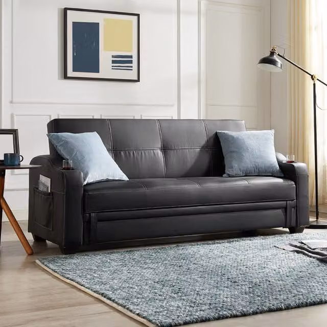 Jonah 3 Seater Click Clack Sofa Bed in Black Faux Leather with Underseat Storage and Cupholders