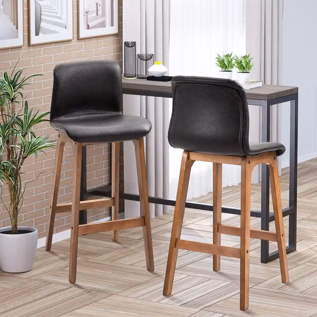 HOMCOM Set of 2 Modern Upholstered Bar Stools in Brown Synthetic Leather with Beech Wood Legs