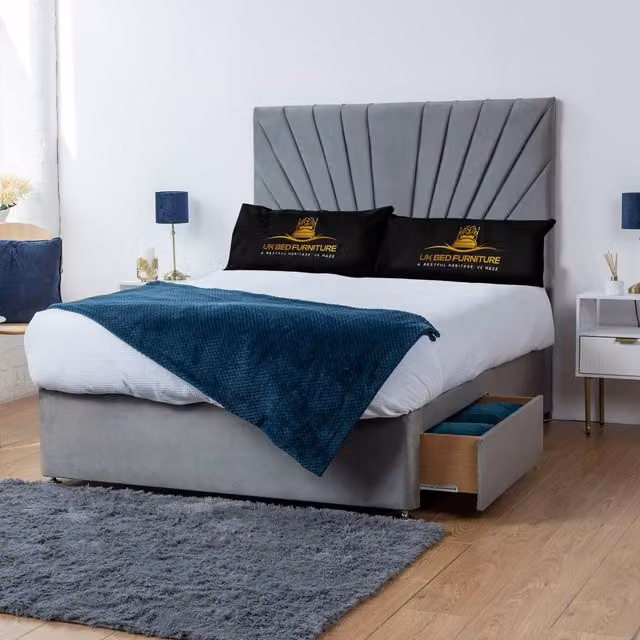 UK Bed Furniture Sunrise Divan Bed with 4 Drawers and 26 Inch Headboard in Grey, King Size (W/D: 180 x 200 cm)