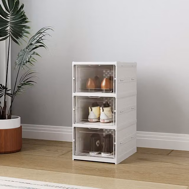 Kidkid Foldable and Stackable Multi Tier Shoe Storage Box, White and Transparent Plastic, Width: 54 cm