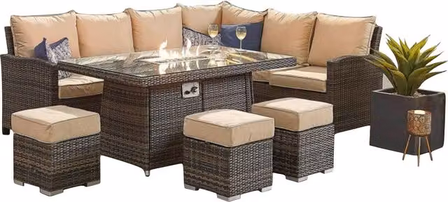 Abrihome 8 Seater Brown Rattan Garden Furniture Set with Fire Pit Table
