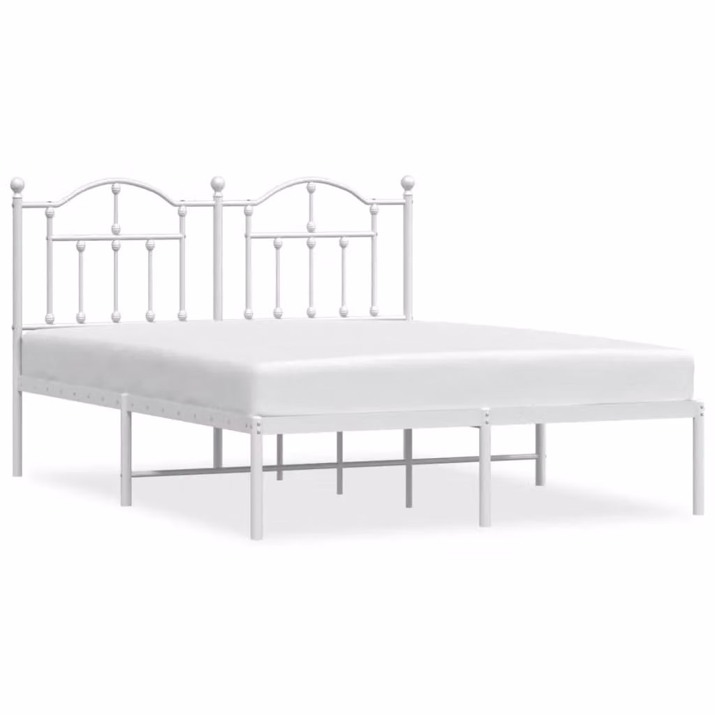 Berkfield Home Metal Bed Frame with Headboard in White, W: 135 cm, L: 190 cm – 2