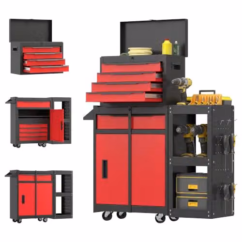 HOMCOM Modular Steel Tool Cabinet on Wheels with Side Rack and Pegboard, Red and Black, W: 80.0 cm, D: 28.0 cm, H: 63.0 cm – 1
