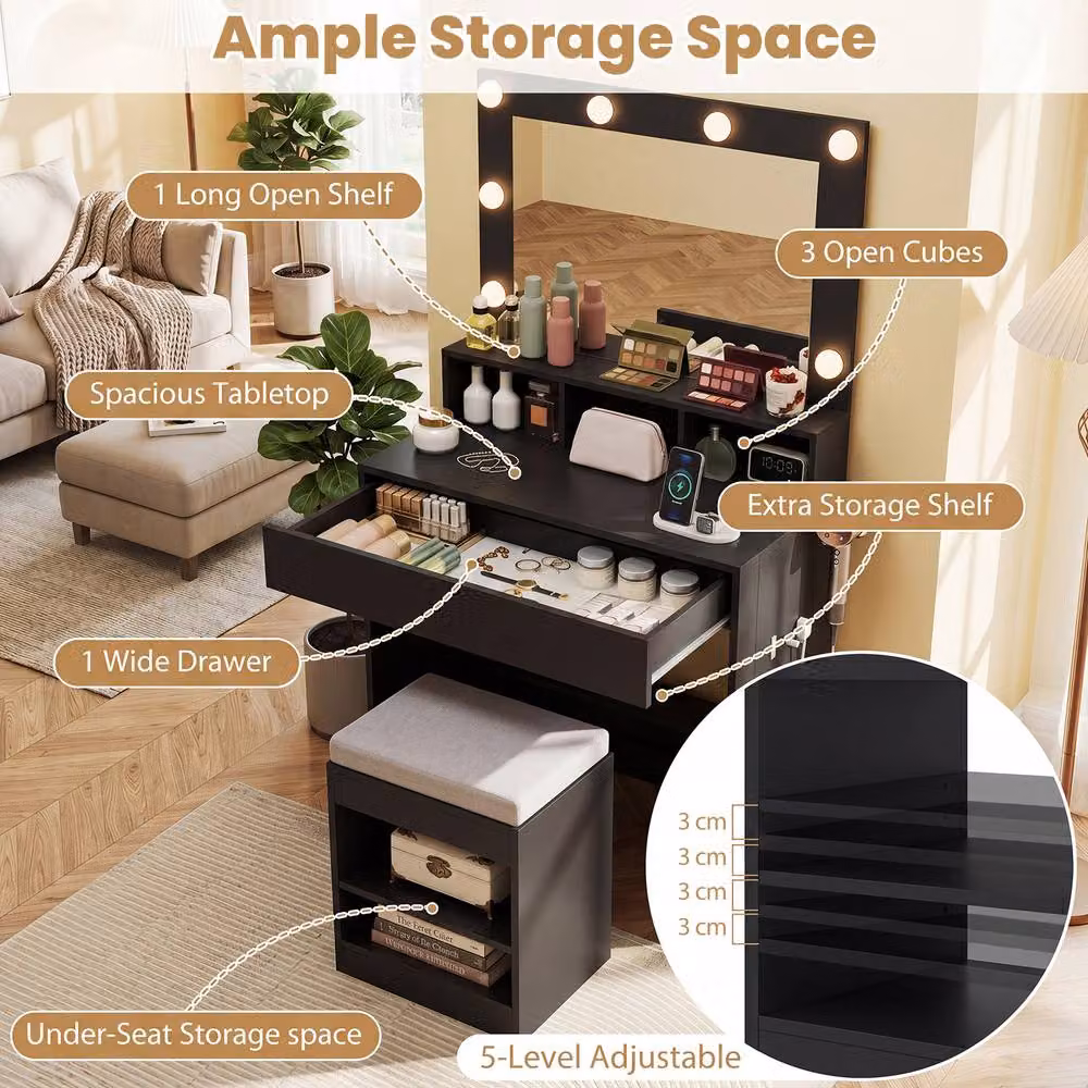 Costway Makeup Vanity Desk Set with Hollywood LED Mirror, Dressing Table and Stool in Black – 4