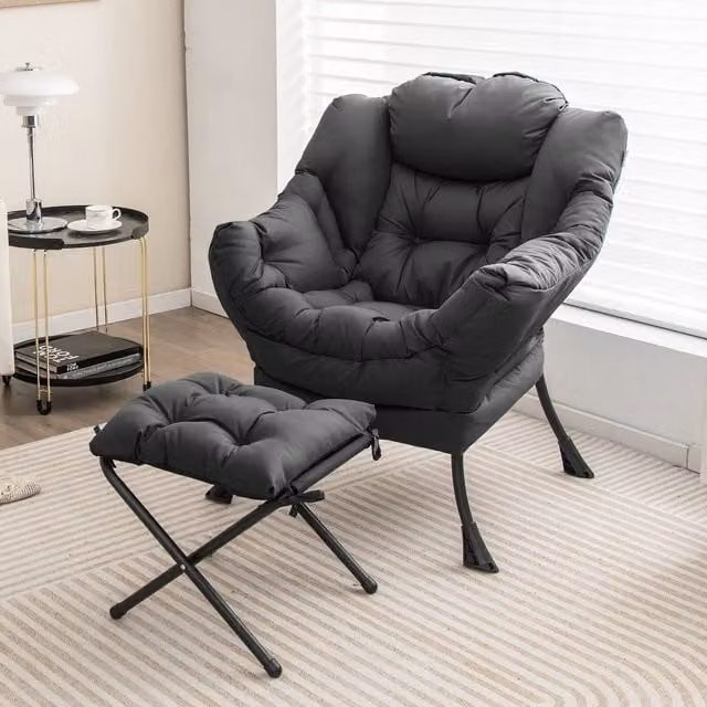 Costway Modern Grey Fabric Accent Lazy Chair with Ottoman and Armrests