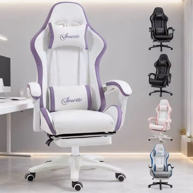 ERGOVEXA Computer Gaming Chair in Purple and White with Synthetic Leather and Headrest