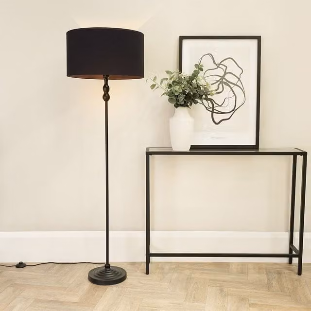 ValueLights Maggie Black Metal Candlestick Floor Lamp with Fabric Shade and LED Bulb – 1