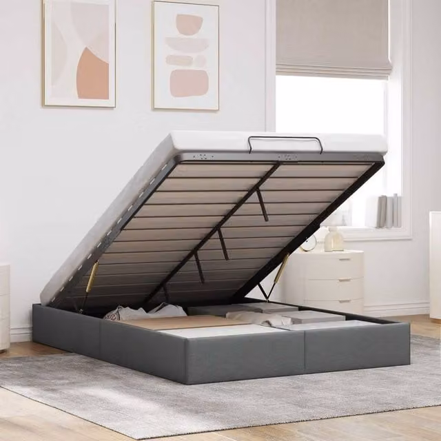 Berkfield Home Queen Size Ottoman Bed Frame in Dark Grey Fabric, W/D/H: 150 x 200 cm