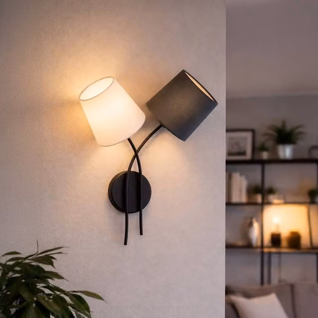 Eglo ALMEIDA Modern Wall Light with Black Metal Frame and Dual Fabric Shades, E14 – 1