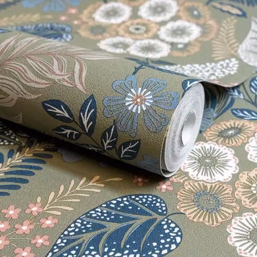 Grandeco Alice Mid Century Floral Botanical Textured Wallpaper, Blue Green – 2
