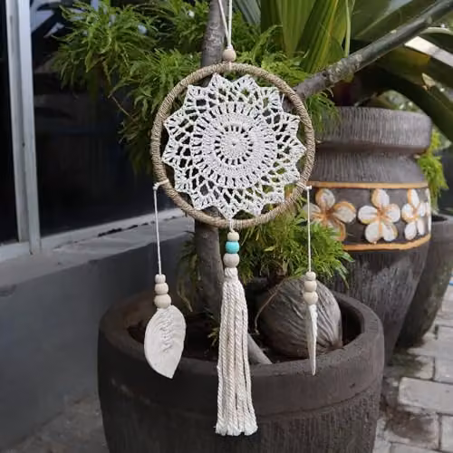 KDMD White Elemental Spirits Hanging Dream Catcher with Rattan, Textile and Wood Details – 2