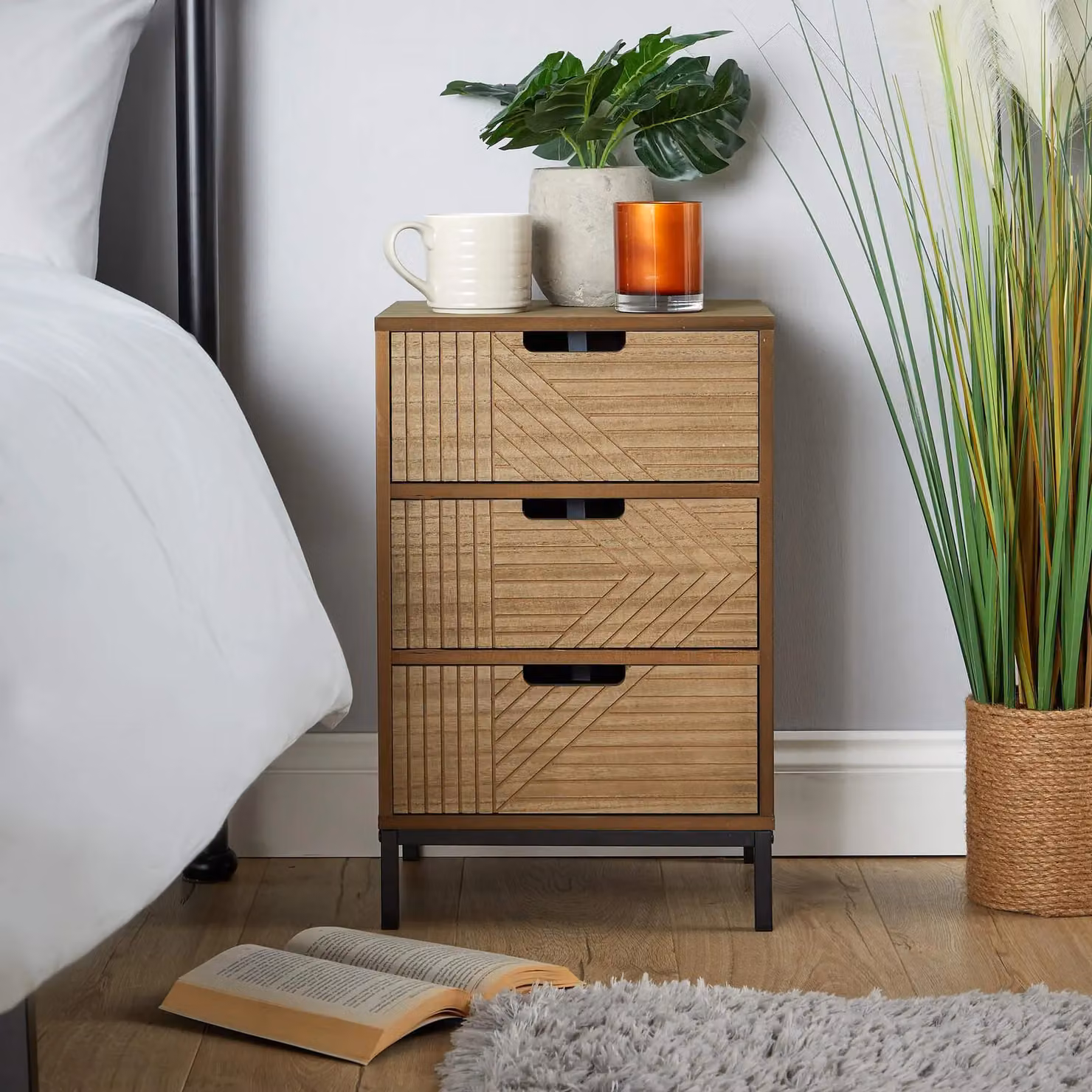 Home Source Solid Chest with 3 Storage Drawers in Brown featuring a Geometric Design – 3