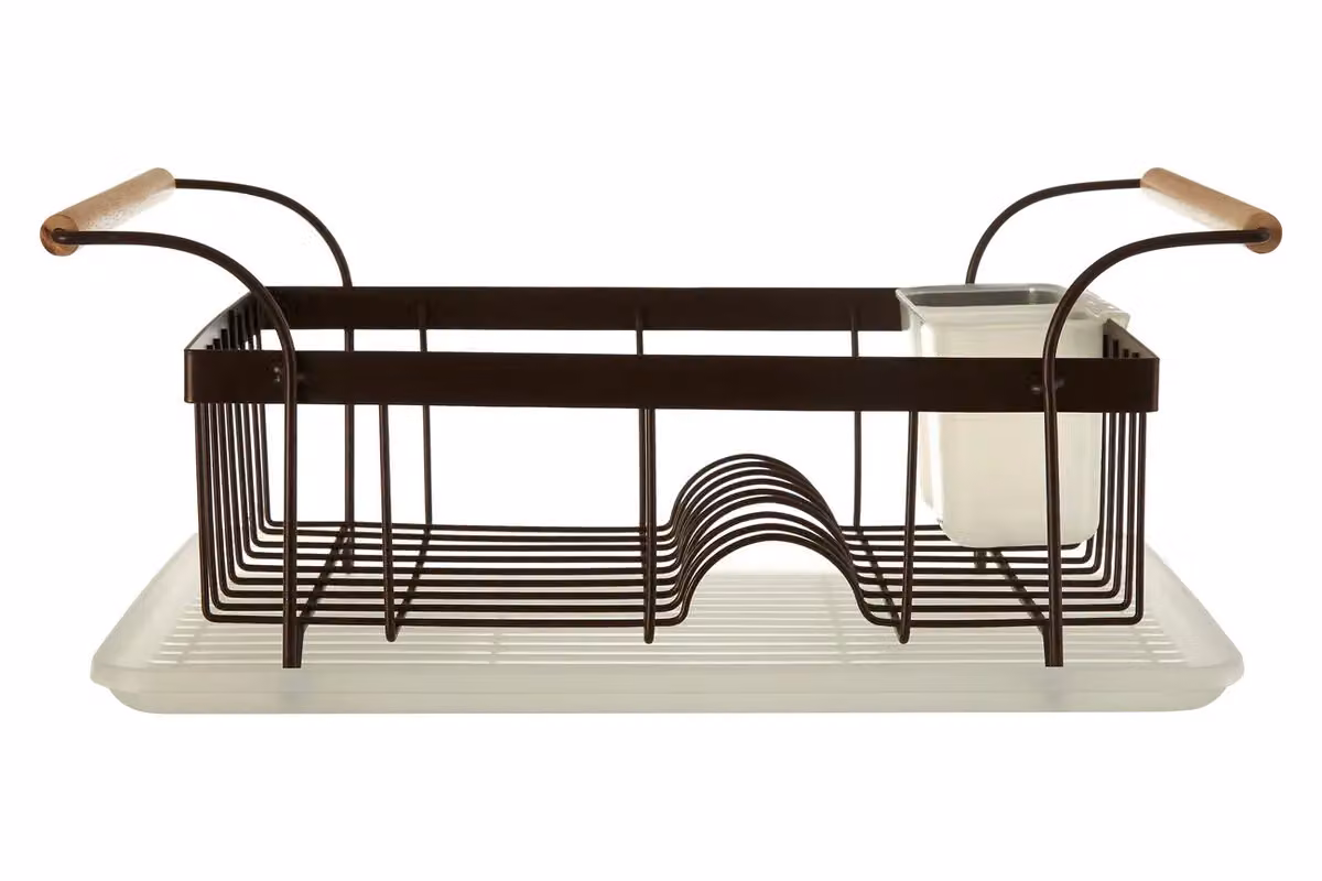 Orsina Vertex Bronze Powder Coated Steel Dish Drainer with Drip Tray, Cup Holder and Cutlery Holder in Brown and White – 2