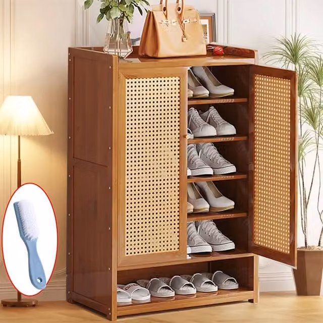 EONLION Beige Shoe Cabinet Storage Cupboard with Rattan Doors, W/D/H: 94 x 32 x 60 cm – 1