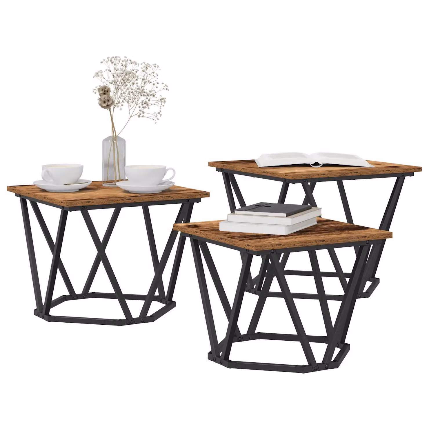Berkfield Home Set of 3 Nested Square Side Tables in Brown Rustic Wood and Black Metal – 3