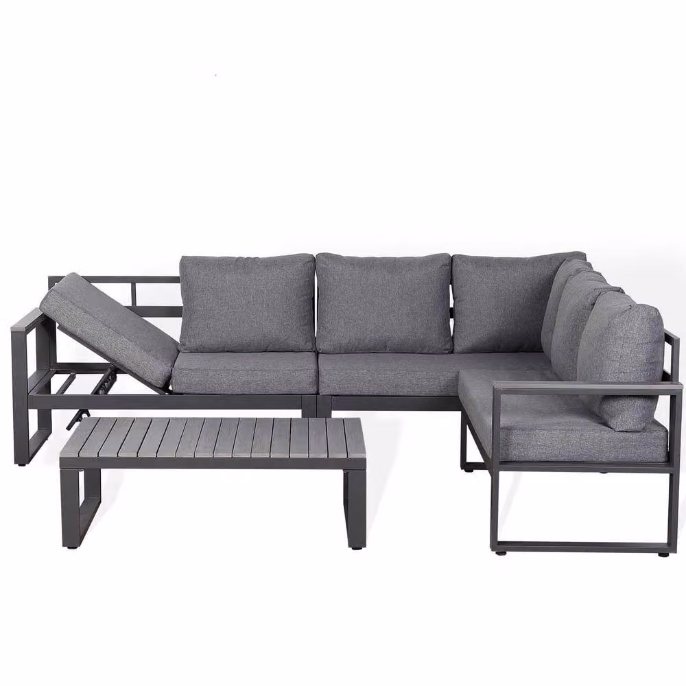 Furnishings For Less UK Modern L-Shaped Right Hand Facing Outdoor Garden Furniture Set in Grey with Powder Coated Aluminium Frame and Upholstered Cushions including Coffee Table – 2
