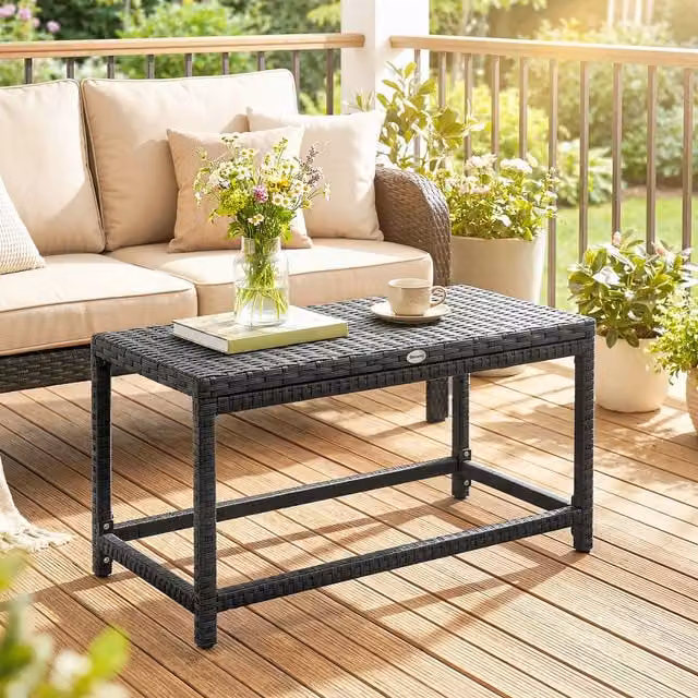 Outsunny Modern Woven Outdoor Coffee Table with Plastic Board in Black