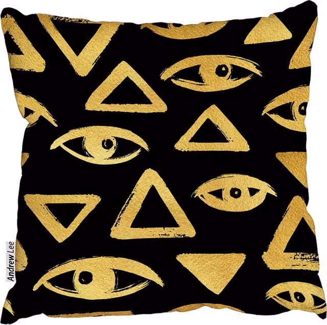 Andrew Lee Gold Brush Drawn Eyes and Triangle Cushion, Yellow, W/D/H: 60 x 60 x 60 cm