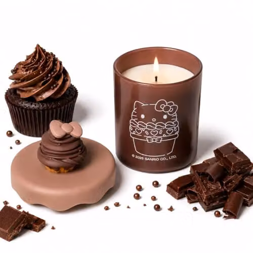 Hello Kitty Bakery Chocolate Cream Scented Candle in a Brown Glass Jar with Decorative Silicone Cupcake Lid – 3