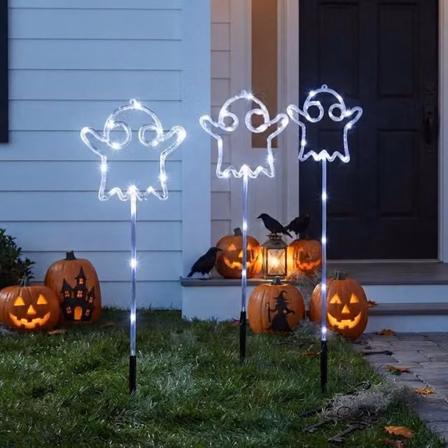 Garden Greatness Set of 3 White Spooky Ghost LED Ground Spike Lights